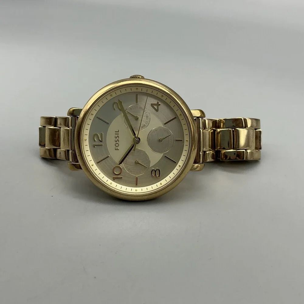 Fossil Womens Watch 36mm Gold Tone Champagne Dial Day Date ES3667 New Battery 6
